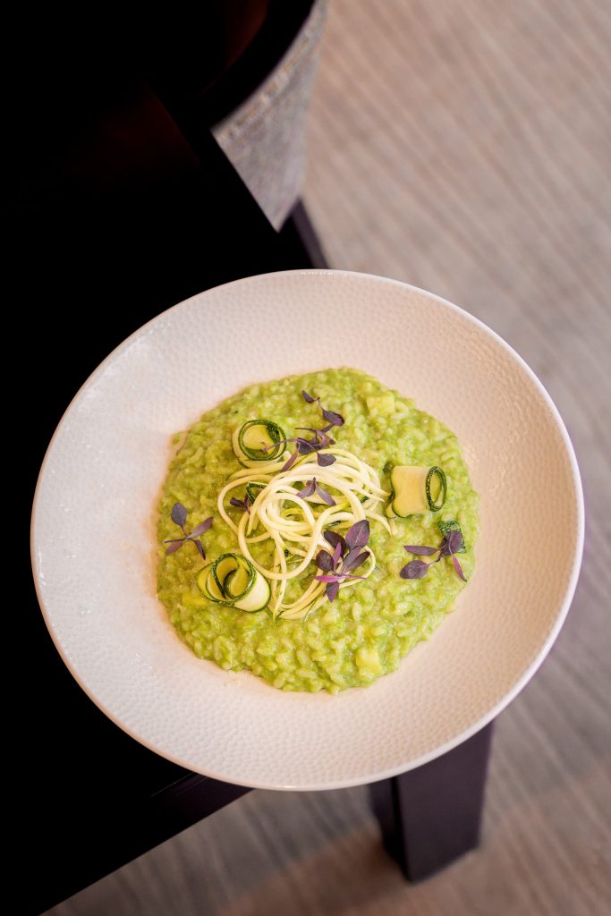 Seasonal green risotto finished with delicate vegetable ribbons and micro herbs, served in the private dining room at Siddington Park, photographed by Lou Carruthers, Lou Carruthers Photography, Hospitality & Drinks Photographer, Cotswolds and Menorca